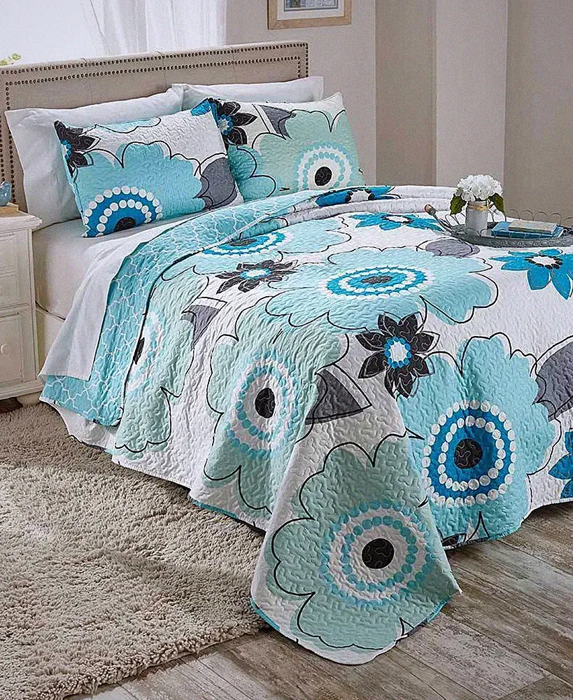 3-Pc Floral Bloom Quilt Sets Full Queen King Elegant Contemporary Spring Bedding