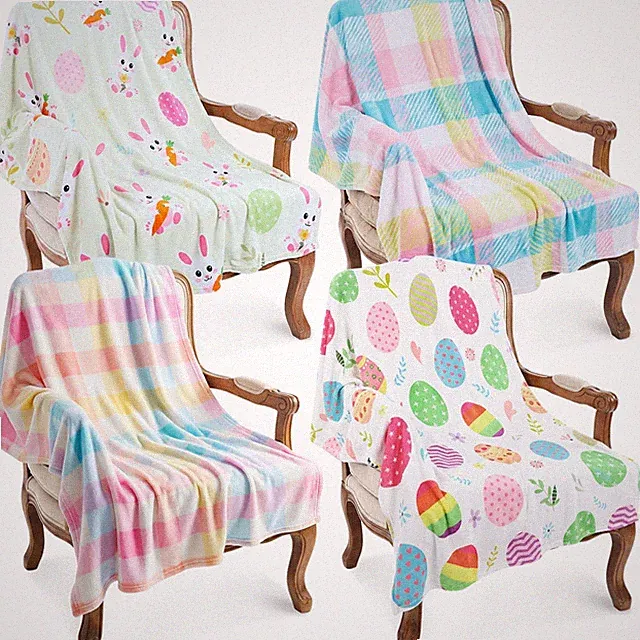 4 Pcs Spring Blankets Pastel Eggs Bunny Plaid Plush Spring Throw Blanket Soft...