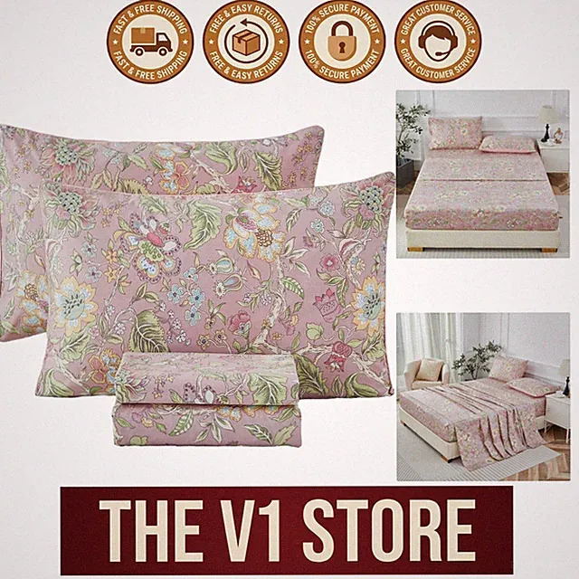 Crisp Floral Queen Bed Sheets - 4PC 100% Cotton Percale Set, Deep Pocket