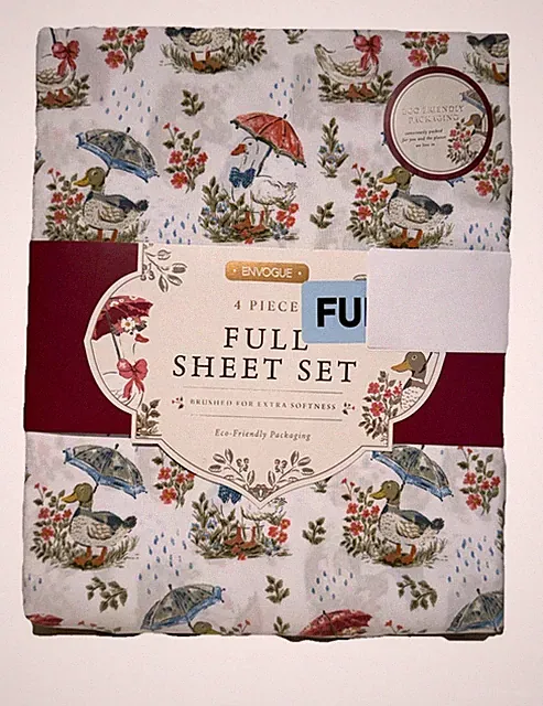 En Vogue Full Sheet Set Spring Duck Umbrella Floral Print 4 Piece New
