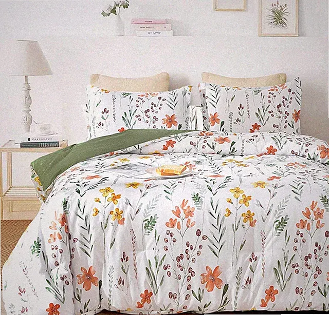Floral Duvet Cover Full Size - White Yellow Flowers and Green Leaf Spring Bot...