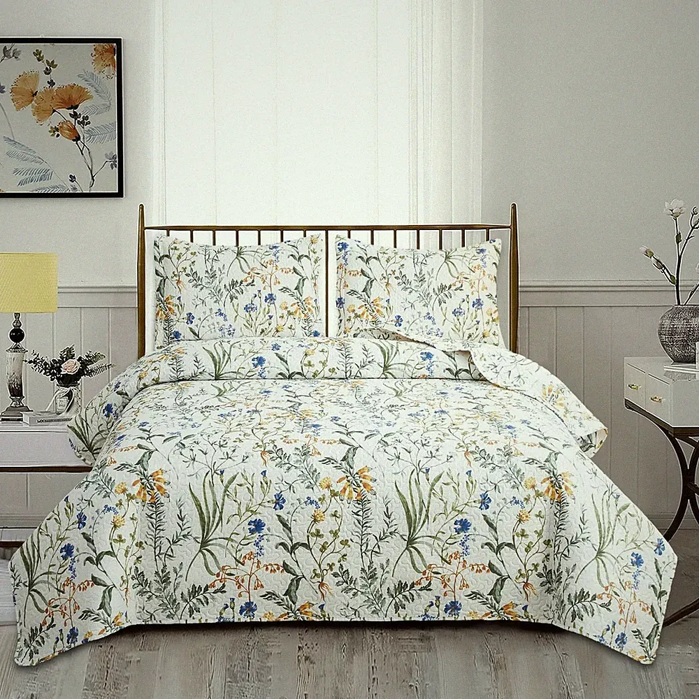 Floral Quilt Set King Size,3-Piece Lightweight Spring Summer Country Bedspread,R