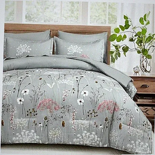Grey Floral Comforter Set Queen Size, 7 Piece Spring Dandelion Plant