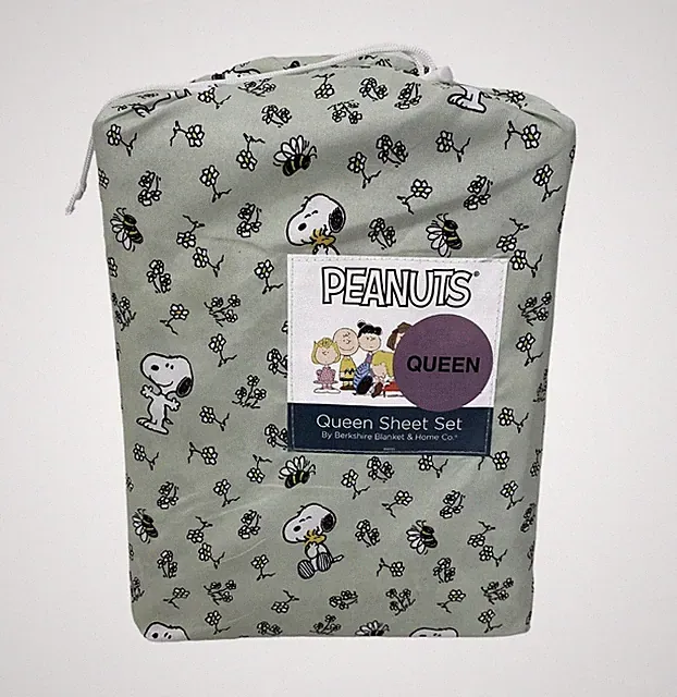 Peanuts Snoopy Queen Bed Sheets Set Woodstock Spring theme Floral Bees Green NWT