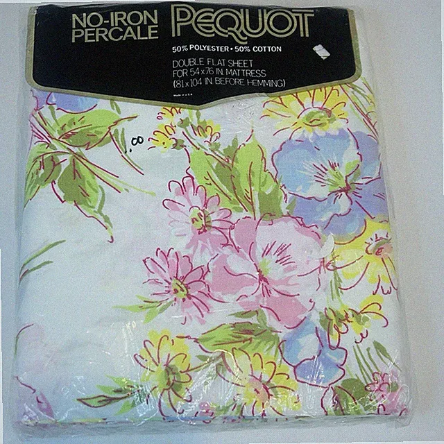 Pequot Springs Floral Print Double Flat Sheet 50/50 No Iron Percale NOS
