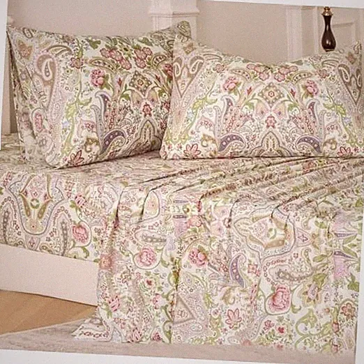 Pink Floral Bed Sheets Set 100% Cotton Percale Sheets Size Green Queen Paisley