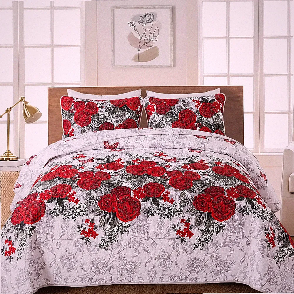 Red Floral Quilt Set King Size Rose Spring Bedspreads Bedding Set 3 Pieces Light