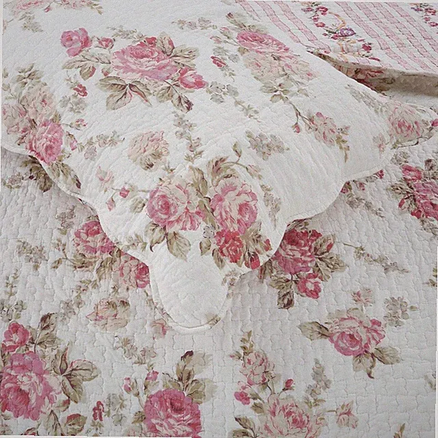 ROMANTIC VINTAGE ROSE 3p Queen QUILT SET : COTTON COTTAGE PINK COZY SPRING PEONY