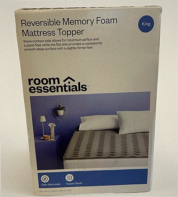 Room Essentials King Reversible Memory Foam Mattress Topper Gray New In Box