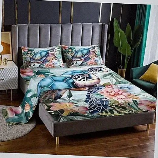 Spring 4 Pieces Bed Sheet Sets Size Bedding Sets with 16" Queen Sea Turtle