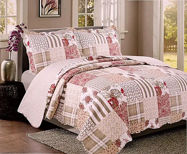 Spring Home 3-Piece Queen Size Printed Patchwork Quilt Set - pink
