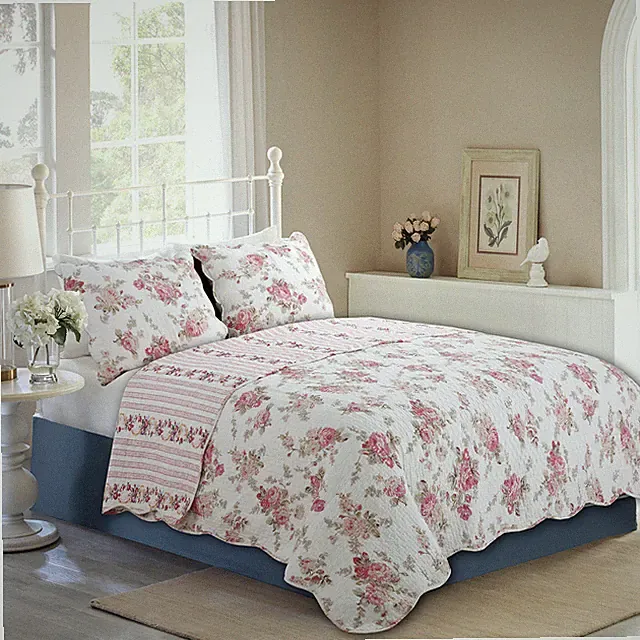 Spring Rose Floral Reversible 100%Cotton 3-Piece Quilt Set, Bedspread, Coverlet