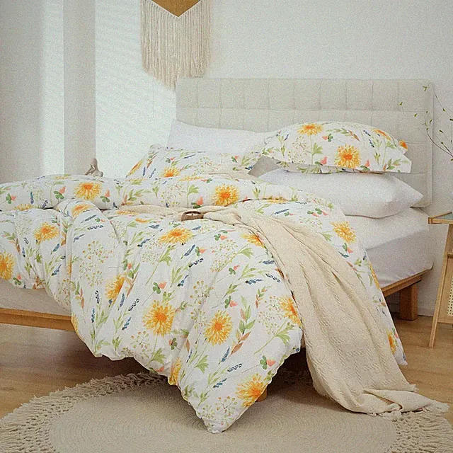 Yellow Floral Duvet Cover Set Queen Size, 3 Piece Spring Printed Microfiber Comf